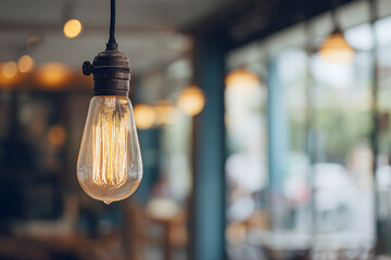 Vintage Edison light bulb hanging in modern interior with blurred city background