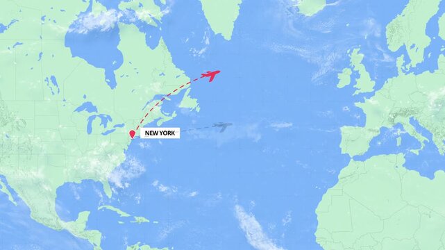 New York to Paris Flight Path Map Animation - Green and Blue Map