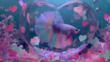 Stunning betta fish gliding gracefully through a heart-shaped aquarium brimming with floating love notes and effervescent bubbles, crafting a romantic underwater ambiance in photorealistic digital art