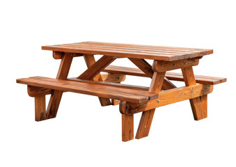 Wooden picnic table, planks creating tabletop and benches on a black backdrop