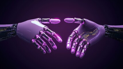 Futuristic Robot Hands Reaching Out with Neon Purple Lights and Technology