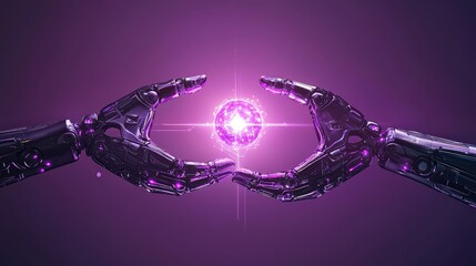 Futuristic Robot Hands Cradling a Glowing Purple Orb with Sparkling Light