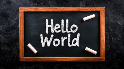 Chalkboard with Hello World Message in Educational Environment and Classroom