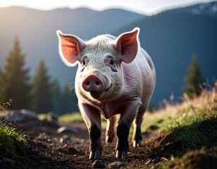 Pig Standing in Green Grass with Natural Rural Atmosphere
