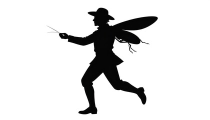 Fototapeta premium Black silhouette of a winged figure in flight, holding a twig-like object