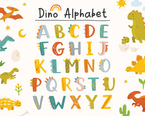 Colorful Dinosaur Themed Alphabet Letters for Kids Learning. © Neko funny
