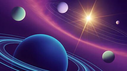 Stylized Solar System with Eight Planets and Bright Sun on Purple Space Background