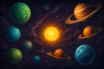 Solar System Illustration with Colorful Planets and Bright Sun on Starry Background