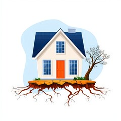 Charming House on Split Ground with Stylized Tree and Blue Background