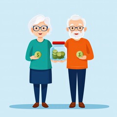 Cheerful elderly couple holding coins and a jar of savings against light background