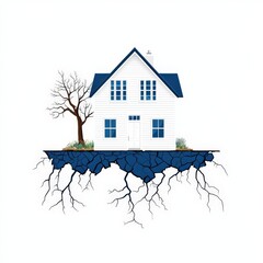 Surreal Illustration of House on Floating Land Above Cracked Earth