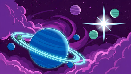 Stylized Solar System with Eight Planets and Bright Sun on Purple Space Background