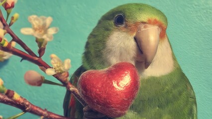 Delightful parrot delicately clutching a vibrant pink heart in its beak while perched gracefully on a branch against a serene pastel backdrop, evoking a romantic and cheerful atmosphere in a softly fo
