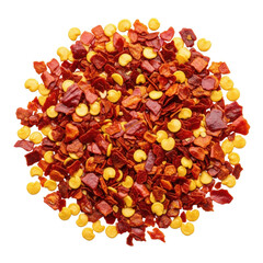 Vibrant deep red and orange-red chili flakes with yellow seeds, artfully scattered on a transparent background with copy space, high-key studio macro shot, culinary quality concept