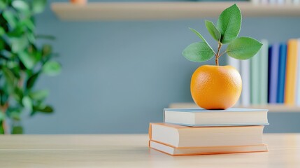 Orange Fruit and Green Plant Leaf on Stack of Books in Cozy Study Setting