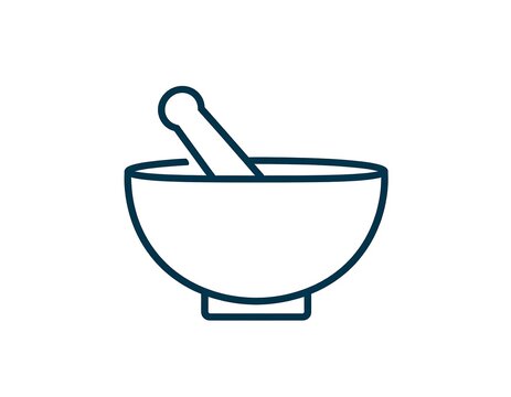 Blue outline graphic of a mortar and pestle, on white