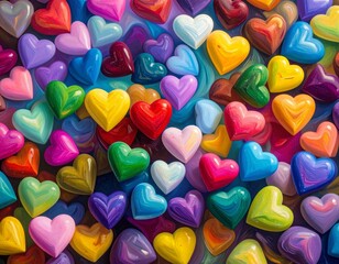 A collection of hearts in various colors. A vibrant and heartfelt mosaic symbolizing love, diversity, and affection. Expressing emotion, connection.