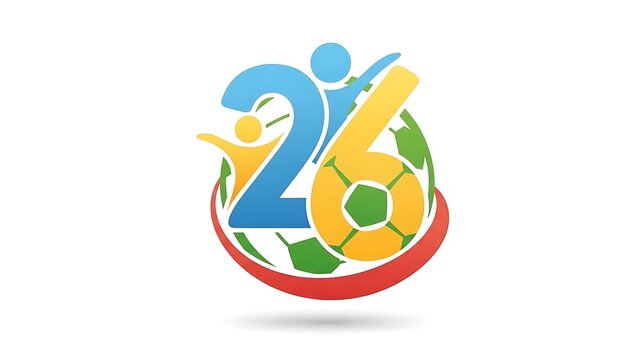 A colorful logo featuring a globe soccer ball and people representing 26