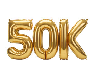 Golden 50k balloon letters isolated on transparent background