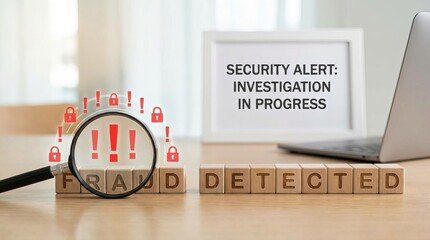 Wooden cubes spelling “Fraud Detected” on modern table, security investigation concept, business risk scene