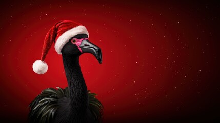 Christmas Celebrating Bird Wears Santa Hat Against Red Background