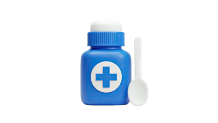 Blue medicine bottle with white cross and spoon