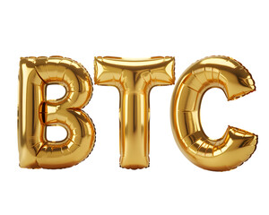 Golden btc letters made of balloons isolated on transparent background