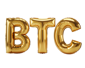Golden btc letters made of balloons isolated on transparent background