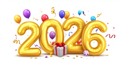 Golden balloon numerals spelling 2026 with a gift box, confetti, and balloons