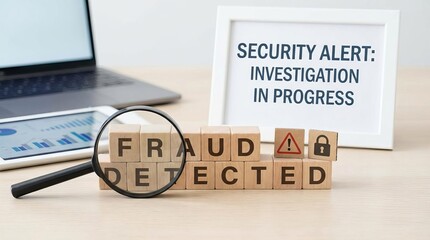 Wooden cubes spelling “Fraud Detected” on modern table, security investigation concept, business risk scene