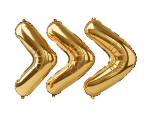 Three gold balloons in shape isolated on transparent background