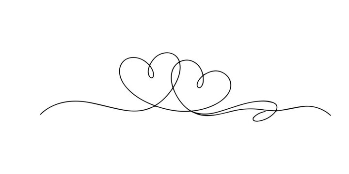 Minimal continuous single line drawing of two connected heart shapes made from one flowing line, symbolizing love, relationship, unity, and emotional connection.