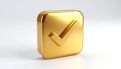 Gleaming golden checkmark, 3D render, within a square, against a gradient white backdrop