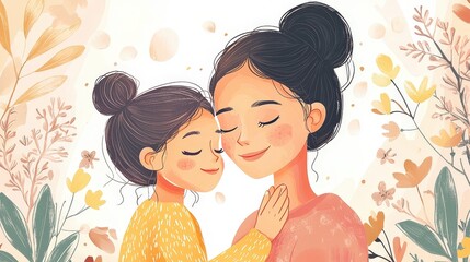 Heartwarming Mother and Daughter Embrace Surrounded by Floral Elements