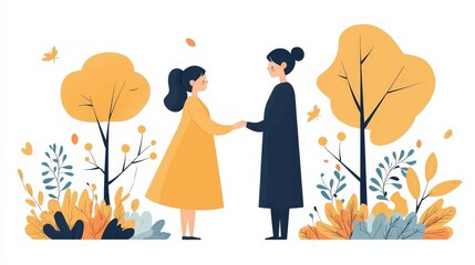 Two Women Holding Hands in Autumn Landscape with Colorful Foliage