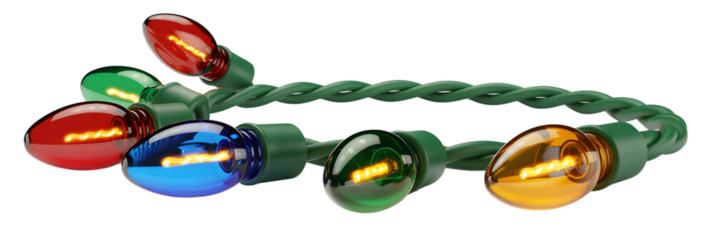 Colorful christmas lights on green cord isolated on transparent background