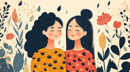 Two Happy Young Women Smiling in a Colorful Floral Background Illustration