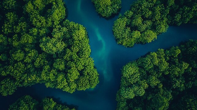 Aerial View of Lush Green Mangrove Forest and Turquoise Waterways.