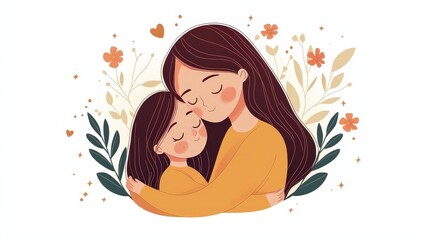 Loving Mother and Daughter Embrace with Floral Background Design
