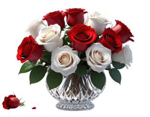Bunch of red and white roses in a crystal vase 3D,white background.