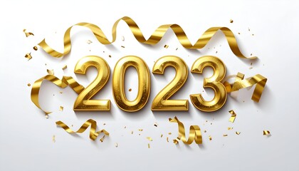 Golden 2023 numerals with swirling ribbons and scattered confetti against white