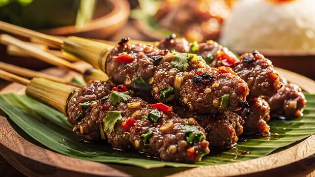 Skewered beef satay on banana leaf, glossy glaze, chili herbs, rustic platter with smoky aroma nice