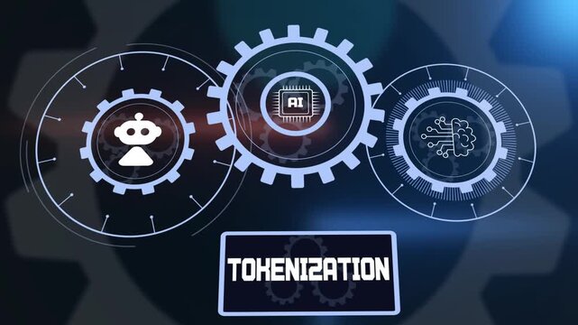 Asset tokenization process in blockchain, ai driven digital security, futuristic financial technology gears