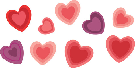 Valentine's day. A delightful collection of layered hearts in vibrant red and purple shades floating gracefully.