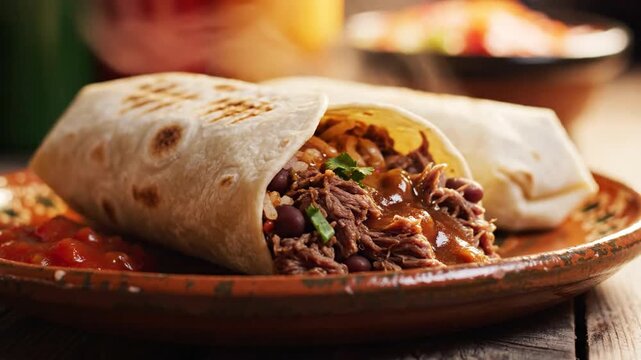 Soft flour tortilla burrito reveals shredded beef, beans, cheese, and sauce on rustic plate. warmish