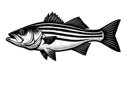 Striped bass marine fish illustration displaying strong lateral lines and details, ideal for fishing sports and outdoors concepts