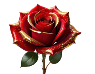 Single red rose with gold glitter on the edges 3D,white background.