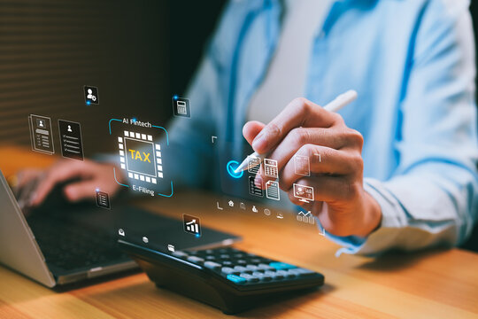 AI-powered tax e-filing and fintech automation concept with digital interface, calculator, and laptop. Smart tax compliance, accounting technology, and financial intelligence. - Powered by Adobe