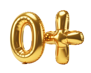 Golden number 0+ balloons isolated on transparent background