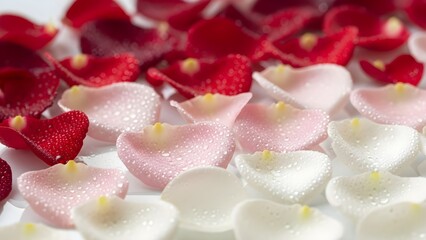 Scattered rose petals in shades of red, pink and white with water droplets create a romantic background.